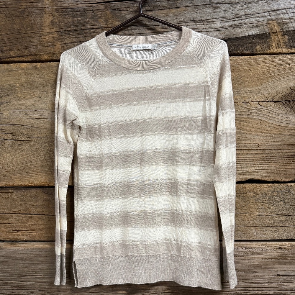 Peter Millar Cashmere and Silk Crewneck Stripe Sweater, Cream/Khaki, Small